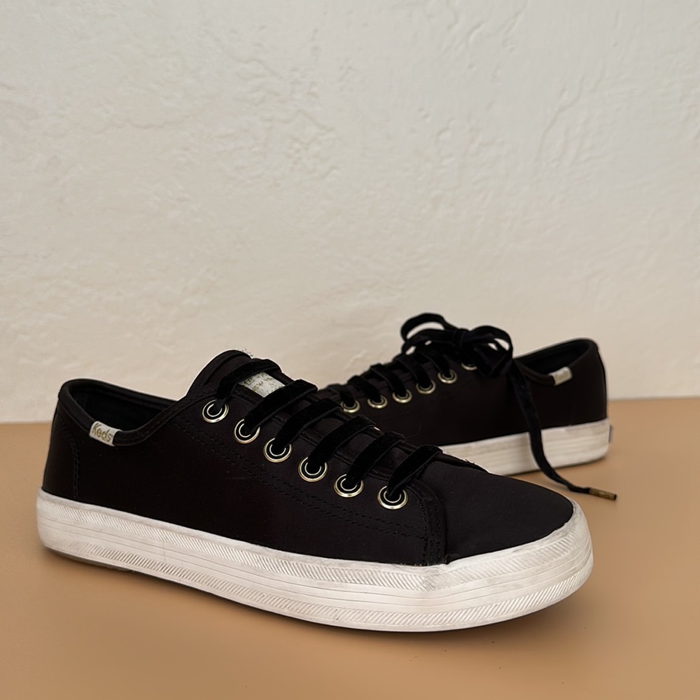 Kate Spade Keds black satin with velvet laced and fancy grommets sneakers